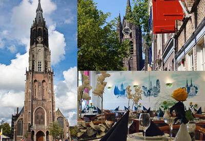 Compilation of the New Church, the Old Church and dining room Delftste Schouw - Custom made daytrips
