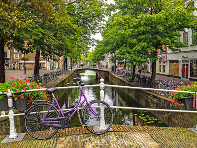 Paarse fiets op een van de vele bruggen in Delft - Dagtochten Combinatie Delft